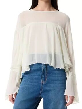 Robert Rodriguez Sheer Ivory Tiered Bell-Sleeve Blouse